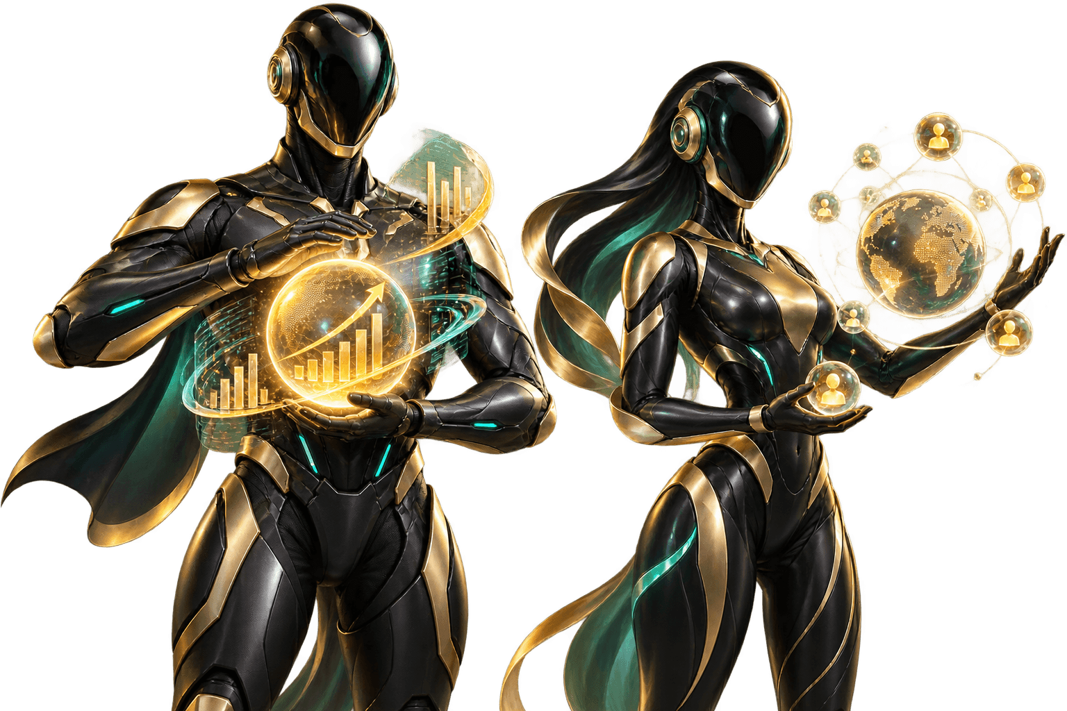 Futuristic digital finance guardians representing investment growth and a connected referral network
